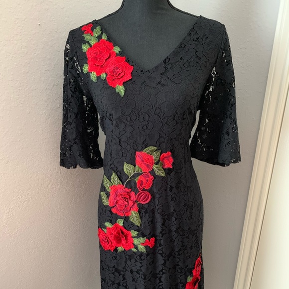 Dresses | Black Lace Dress With Red Roses | Poshmark